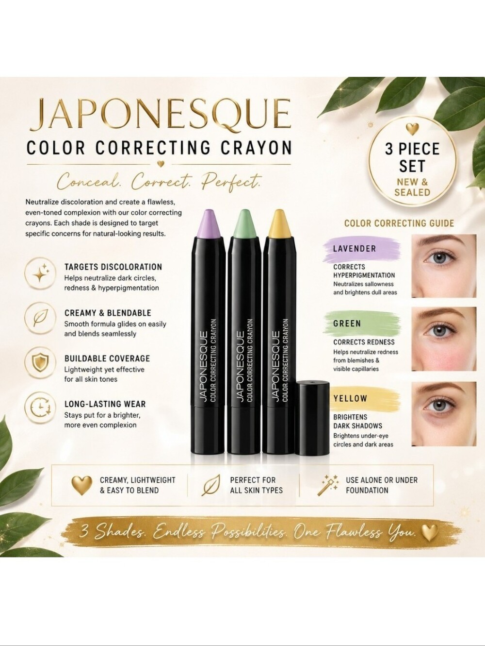 Japonesque Color Correcting Crayon Set of 3 NEW Sealed